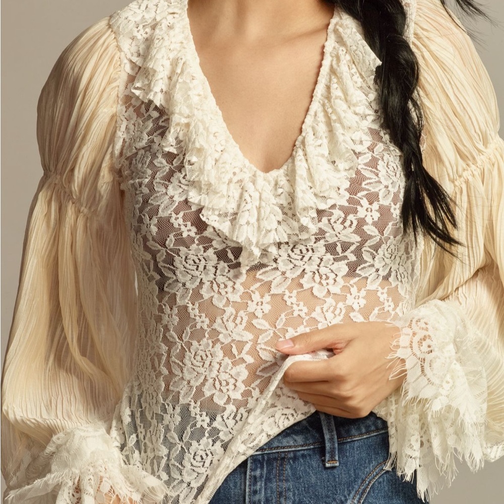NWT By Anthropologie Wide-Sleeve Sheer Lace Top - Picture 2 of 4